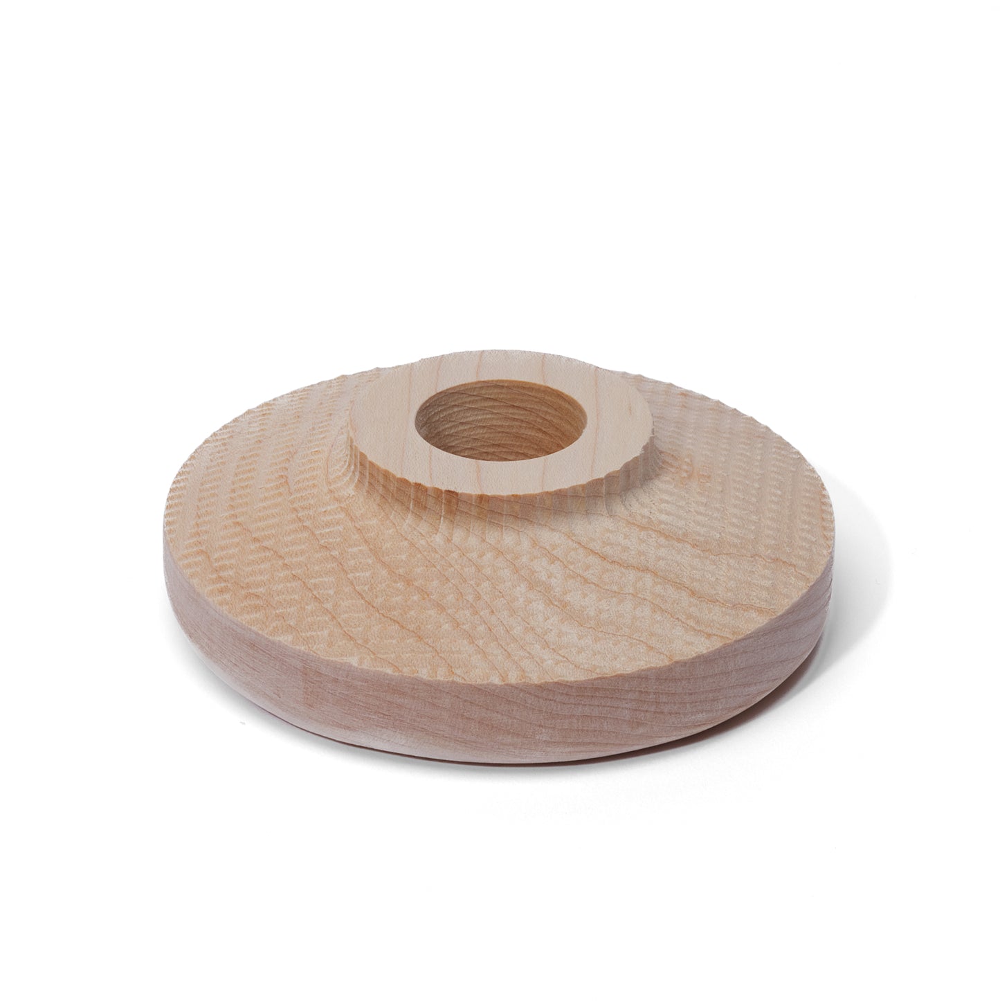 A maple wooden cocktail smoker with a circular shape and a hole in the centre, displayed on a white background