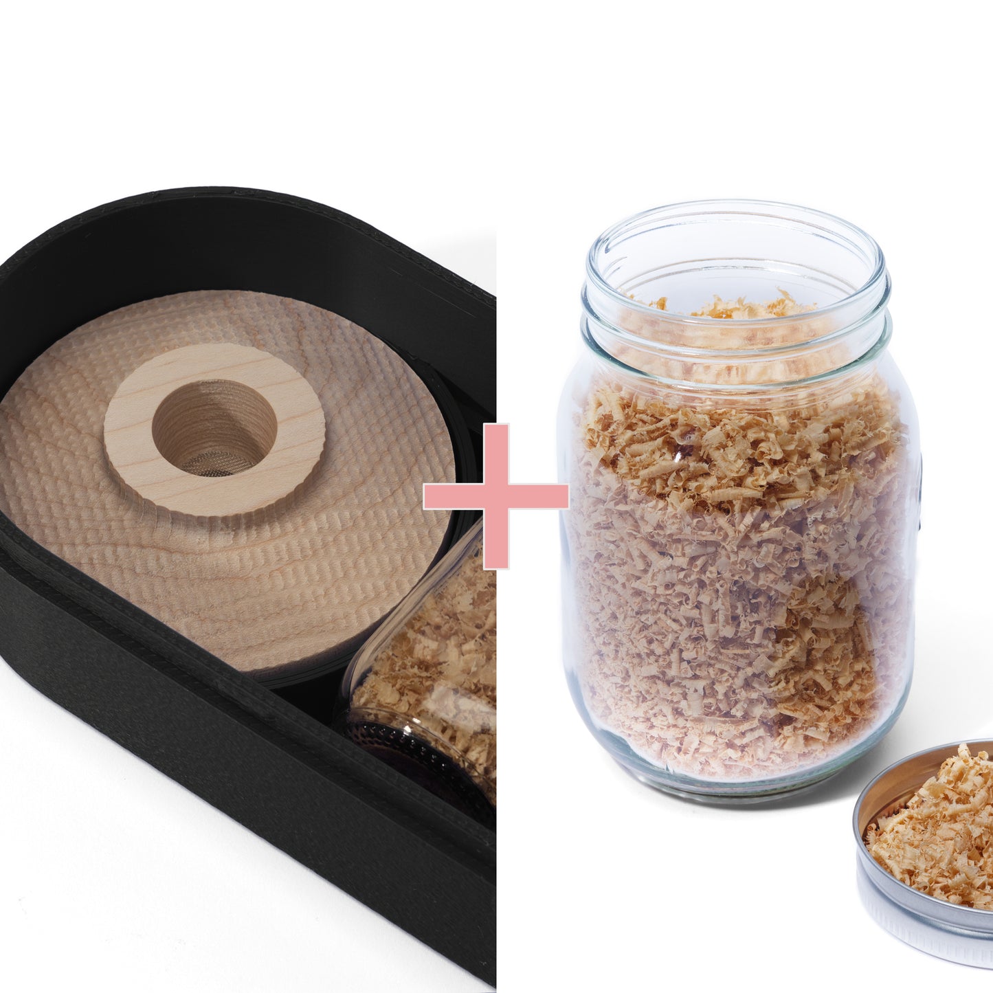 Black 3D Printed container containing a wooden cocktail smoker next to a large glass jar filled withe white oak wood shavings