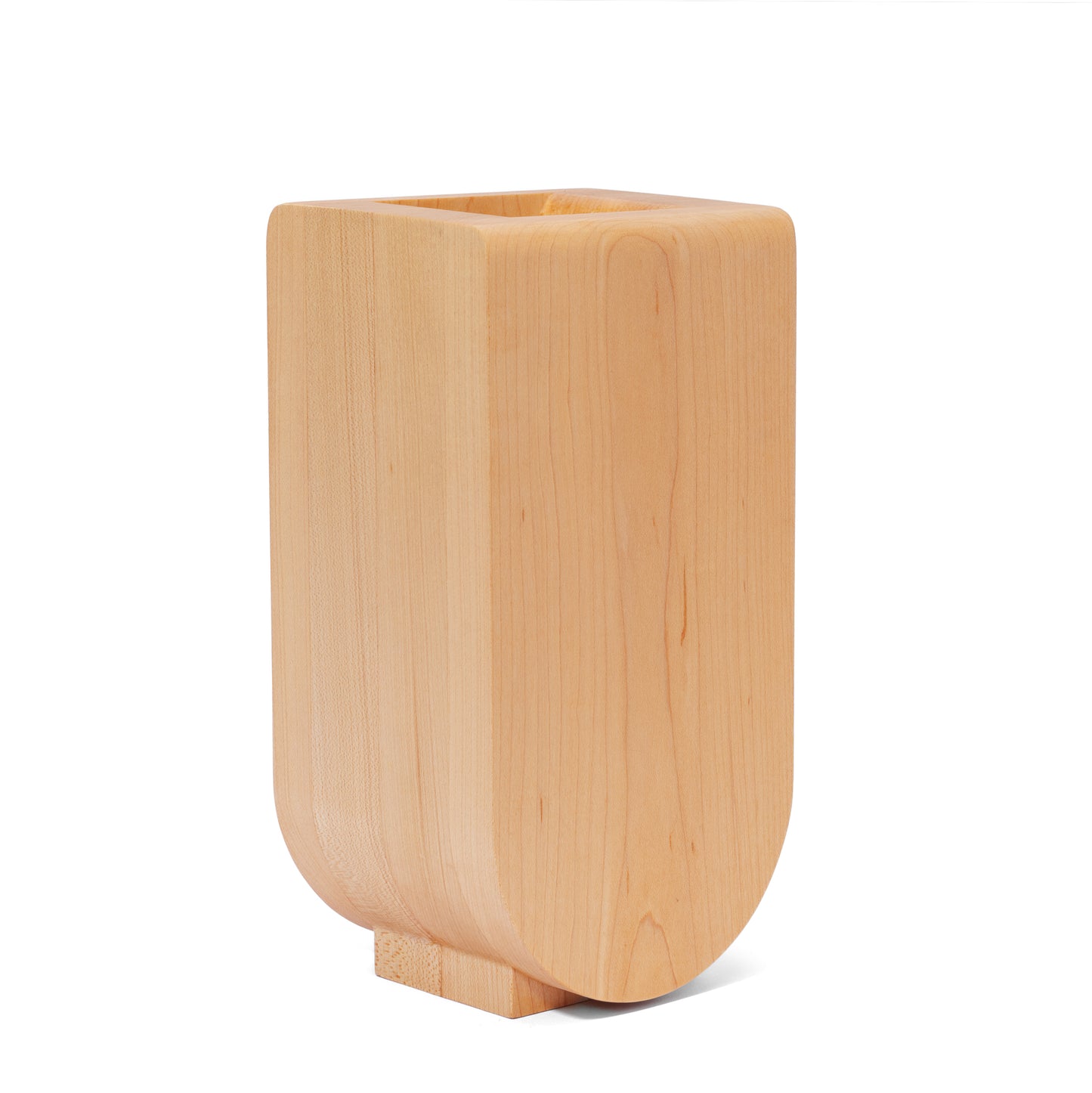Handcrafted wooden vase displayed on a white background