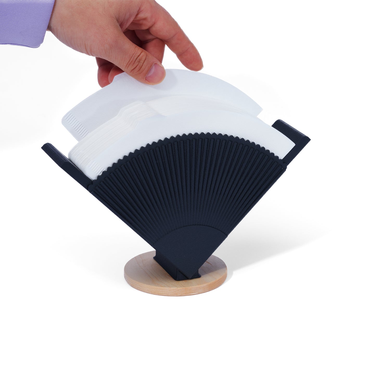A matte black V60 coffee filter holder stand with a handcrafted wood base.