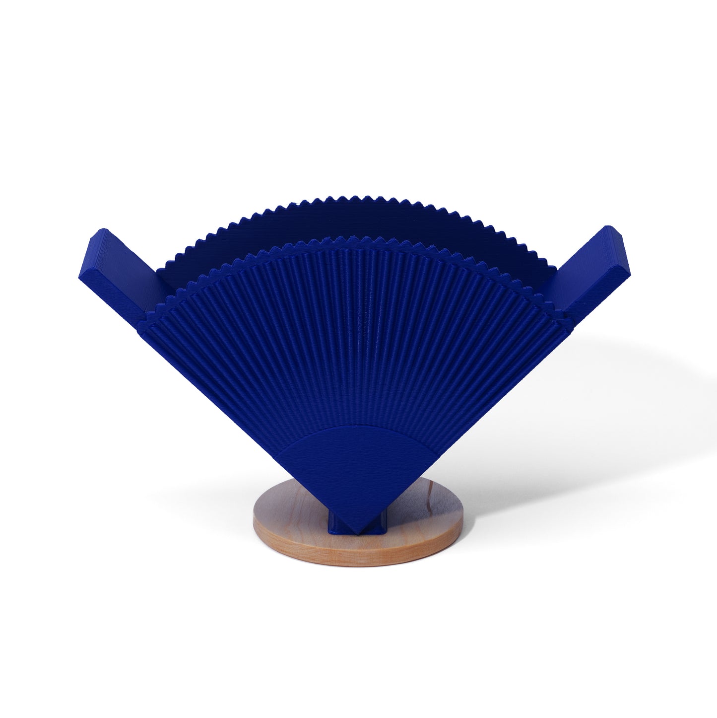 Blue coffee filter holder with a wooden base on a white background