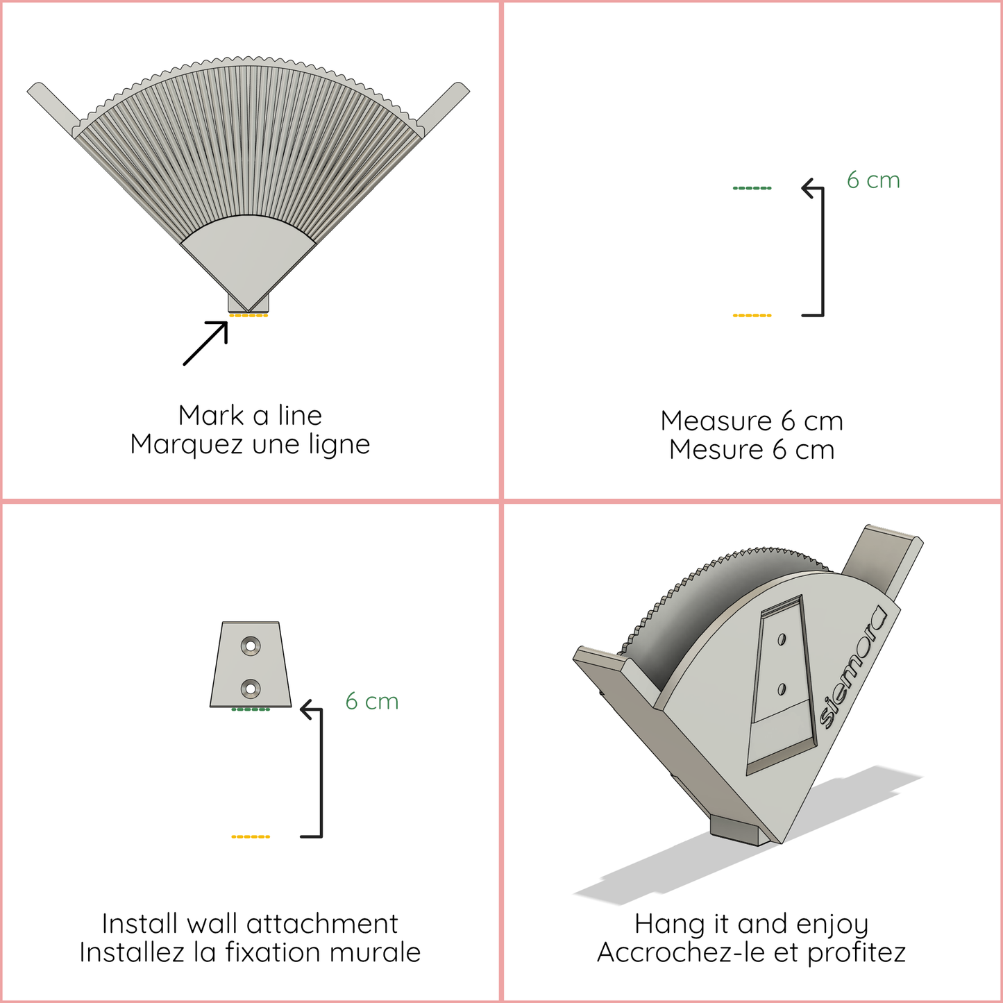 Instructions for installing a wall attachment with measurements and text in French