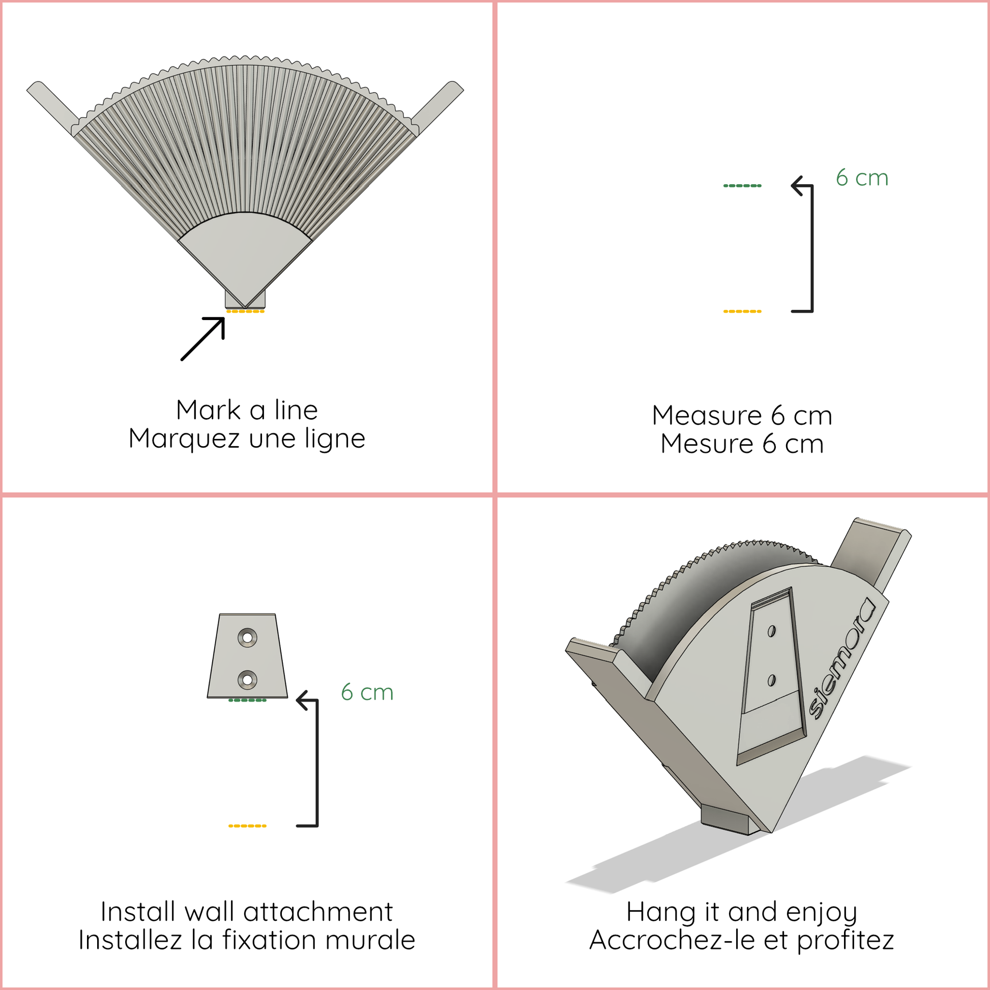 Instructions for installing a wall attachment with measurements and text in French