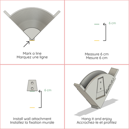 Instructions for installing a wall attachment with measurements and text in French