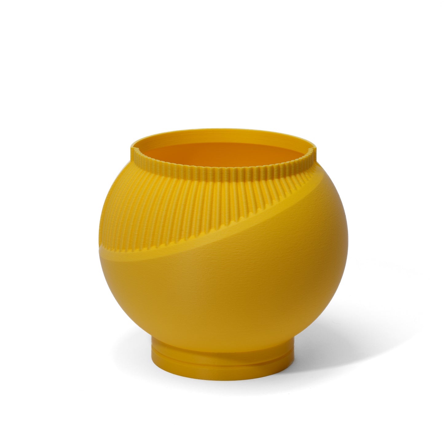 A yellow 3D printed planter pot with a ribbed exterior displayed on a white background