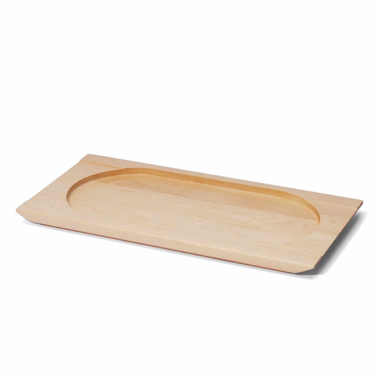 handcrafted wooden serving tray angled against a white background