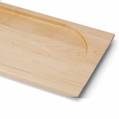 Close-up detail of a handmade wooden tray on a white background