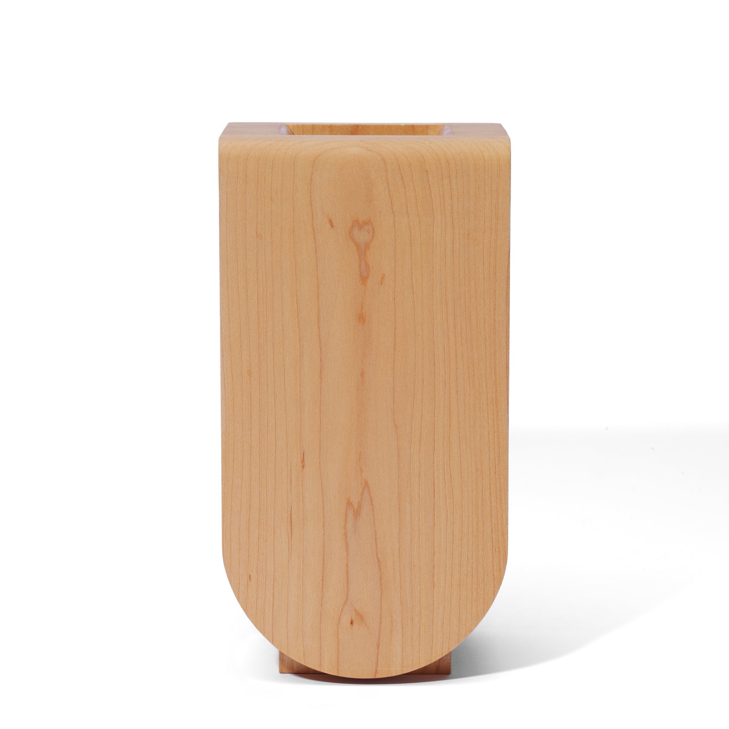 Handcrafted wooden vase displayed on a white background